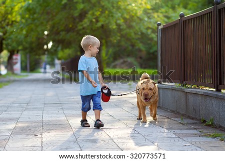 Children (little boy) walks the dog