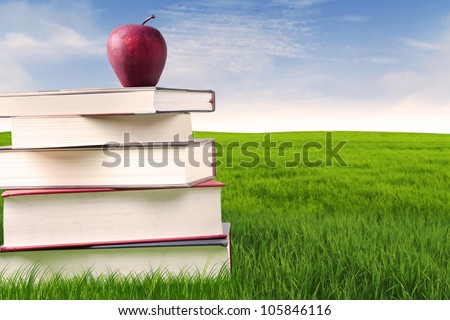 Stack of books in grass for summer reading with red delicious apple on top