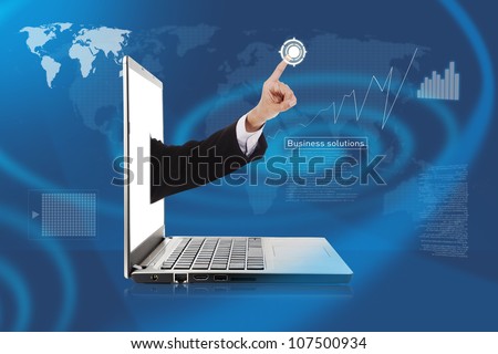 Hand out from laptop pushing a button on a touch screen interface