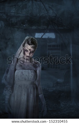 Scary dead bride with scars inside spooky house