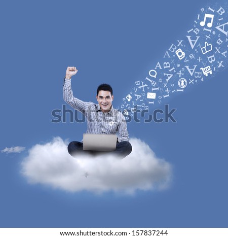 Asian male student sitting on a cloud under blue sky with laptop and flying letters