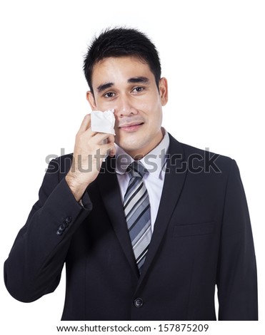 Business man feeling fear and crying isolated on white- Expressions