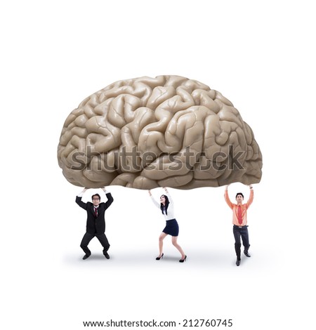 Business team holding a brain, symbolizing a big idea or creativity