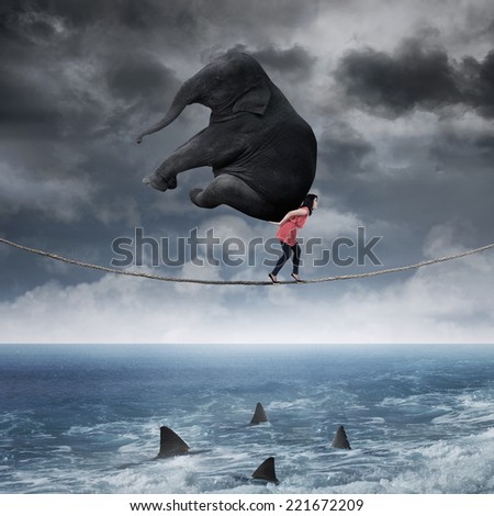 Asian woman carrying an elephant while walking on the rope above the sea