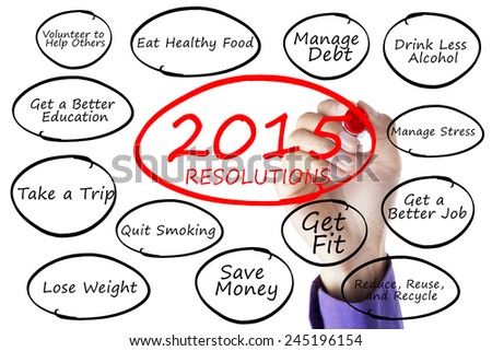 Closeup of hand writes the resolutions list of 2015 on whiteboard