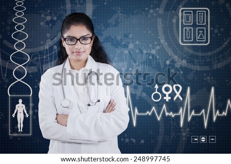 Portrait of an indian doctor looking at the camera with confident expression in front of medical futuristic screen