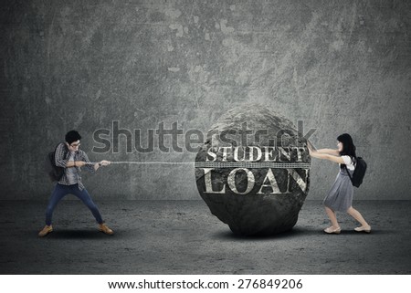 Expensive education costs concept with students pulling and pushing heavy stone