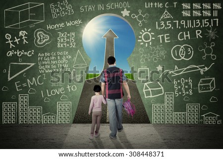 Rear view of little girl and her dad walking through a keyhole with doodles and upward arrow