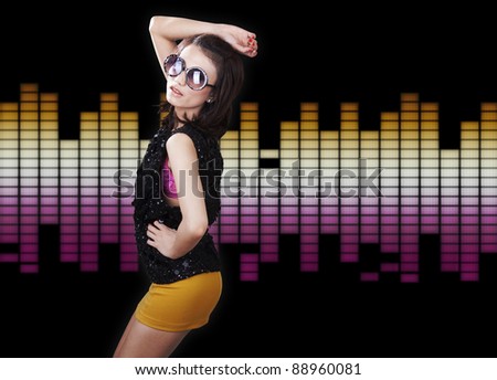 Pretty Mixed caucasian-asian woman dancing with sunglasses