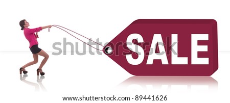Conceptual photo showing beautiful woman pulls a sale sign
