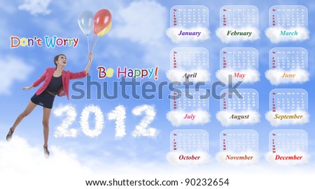2012 calendar template showing woman flying with colorful balloons