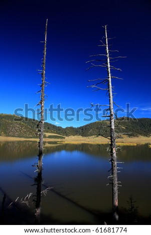 Shudu Lake, the blue mirror Lake Under the Deep Blue sky in Shangri-La. Yunnan Province, China.