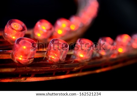 closeup red LED strips on black background