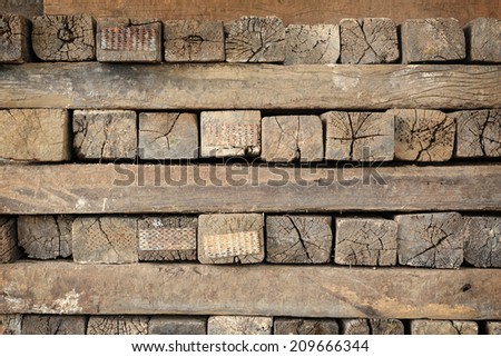 closeup ancient timber stacked, heap of timber