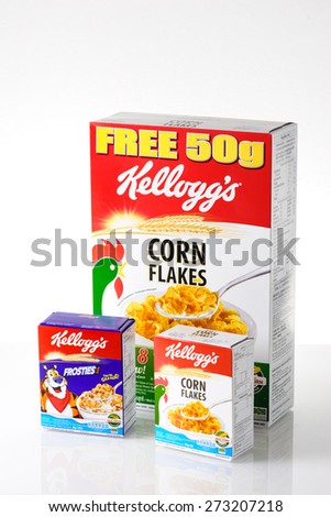 BANGKOK, THAILAND - APRIL 26, 2015: Kellogg\'s cereals isolated on white background. Kellogg\'s is an American multinational food manufacturing company.