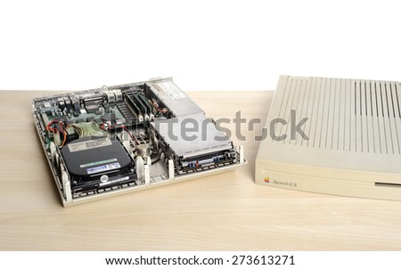BANGKOK, THAILAND - APRIL 29, 2015: Inside of Macintosh LC II. The Macintosh LC is Apple Computer\'s product family of low-end consumer Macintosh personal computers in the early 1990s.