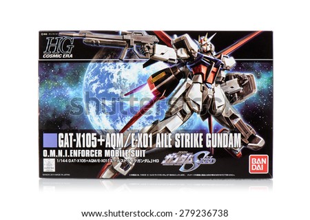 BANGKOK, THAILAND - MAY 19, 2015: Box of HG GAT-X105+AQM/E-X01 Aile strike gundam. Gundam models are model kits depicting the vehicles and characters of the fictional Gundam universe by Bandai.
