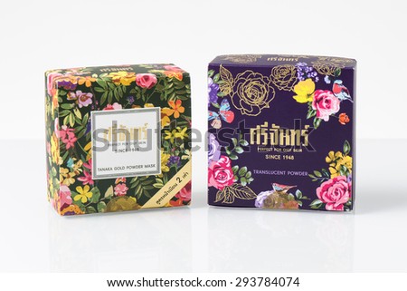 BANGKOK, THAILAND - JULY 06, 2015: Box of SRICHAND TRANSLUCENT POWDER and SRICHAND TANAKA GOLD POWDER isolated on white background. Srichand is cosmetics brand from Thailand.