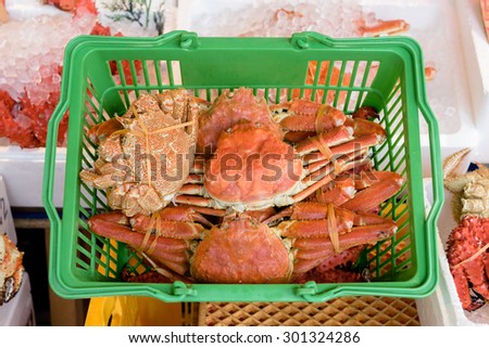 Steamed giant crabs in crab market in Hokkaido, Japan.