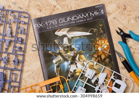 BANGKOK, THAILAND - AUGUST 10, 2015: Photo of master grade RX-178 Gundam Mk-II Model in manual. Gundam models are model kits depicting characters of the fictional Gundam universe by Bandai.