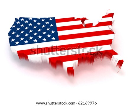 stock photo 3D USA map covered with a us flag texture