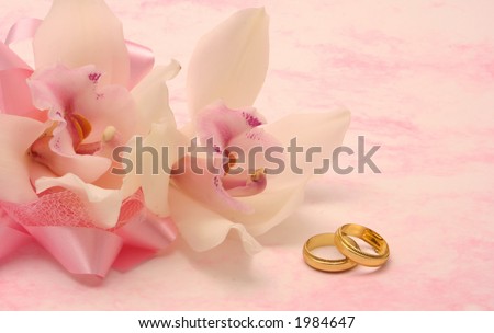 stock photo Orchid with Wedding Gold Wedding Bands on Pink Background