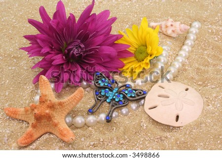 Flowers and Jewelry with Sea Shells on Sand
