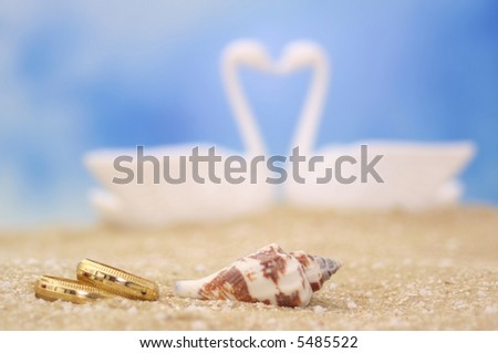 stock photo Wedding Rings and Sea Shell on Sand With Swans in Background