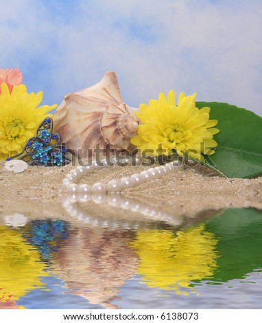 Flowers and Sea Shells with Pearls on Sand with Water and Blue Sky Background