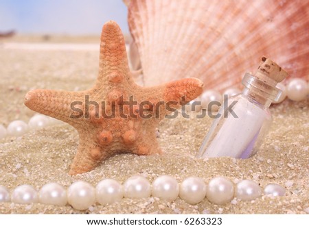 Starfish With Bottle on Sand With Pearls and Shell