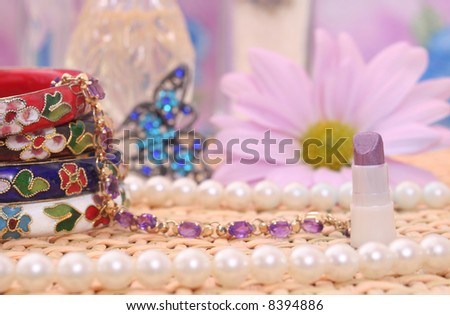 Vintage Bracelets With Pearls, Perfume, Flower and Lipstick, Shallow DOF