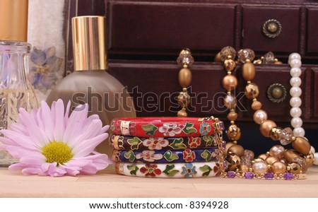 Jewelry Box With Jewelry,  Flower and Perfume