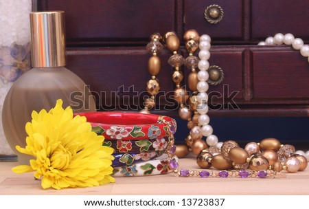 Perfume and Jewelry With Flower and Jewelry Box