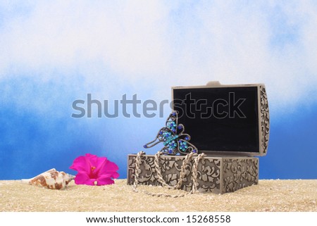 Jewelry Box With Jewelry and Sea Shell on Sand
