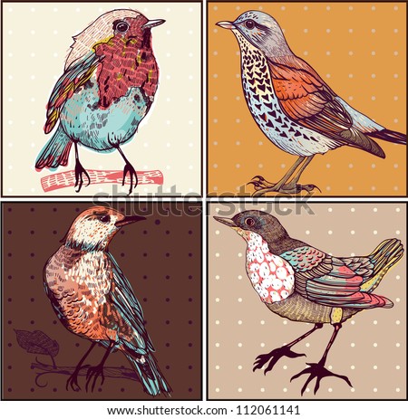 Vector Set Of Hand Drawn Cards With Colorful Birds