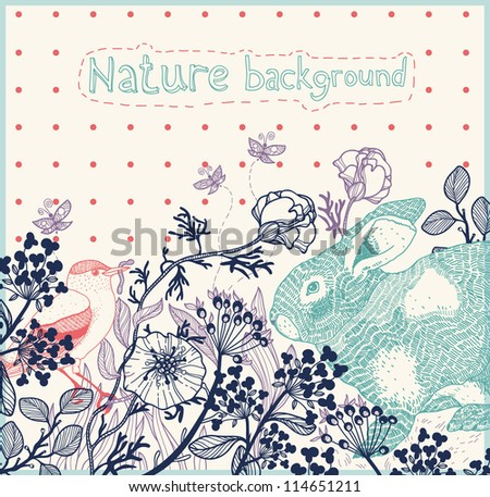 vector hand drawn illustration of a bird bunny and blooming flowers vector hand drawn illustration of a bird bunny and blooming flowers