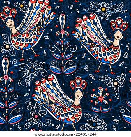 vector seamless pattern with folk birds and flowers vector seamless pattern with folk birds and flowers