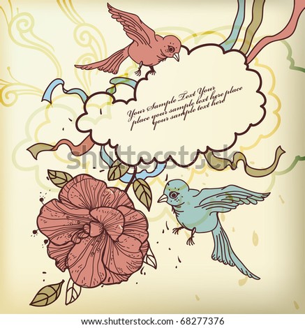 eps10 frame with flying birds, colorful ribbons and a  blooming flower