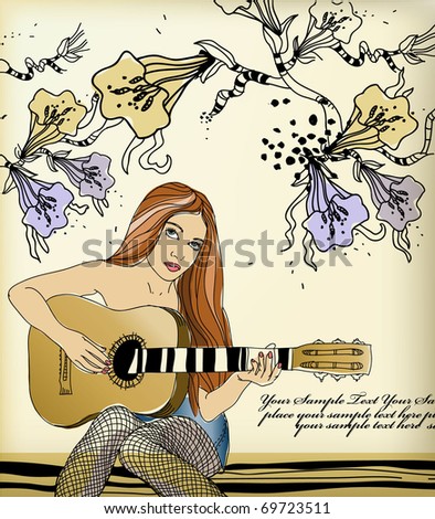 wallpaper guitar girl. young girl with long hair,