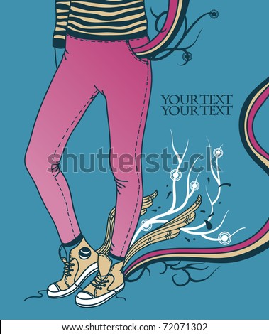 stock vector :  a girl dressed in pink leggings and trendy sneakers with fantasy wings on a bright blue background