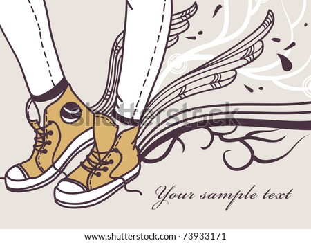 stock vector : hand drawn legs in a sneakers with abstract wings