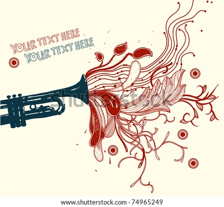 Music background with a hand drawn trumpet and abstract red plants Music background with a hand drawn trumpet and abstract red plants