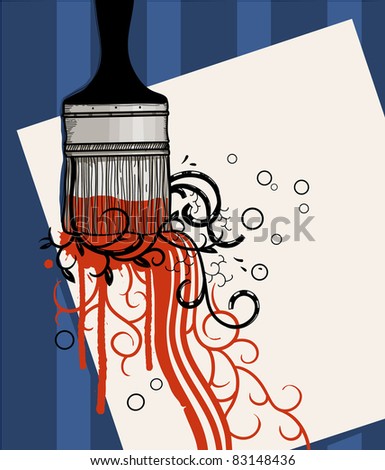 vector illustration of a paint brash with a  red paint and abstract plants on a blue background