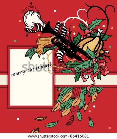 vector christmas illustration of a trumpet, decorations and a christmas turkey
