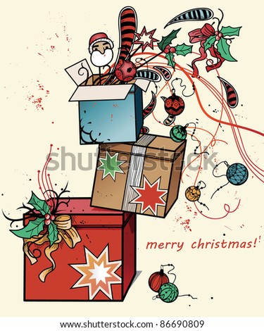 vector christmas illustration of colorful boxes with christmas gifts and decorations