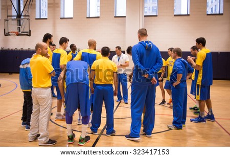 NEW YORK - October 3: Maccabi FOX Tel-Aviv's players and coaches seen in a pre-season team practice in JCC Manhattan, New York on October 3, 2015.