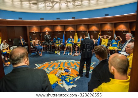 NEW YORK - October 4: Maccabi FOX Tel-Aviv\'s players and coaches are seen in the locker rooms during the \'Euro Classic\' against Armani Milano in the Madison Square Garden, New York on October 4, 2015.