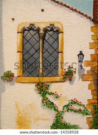 Colorful original oil painting showing an old window