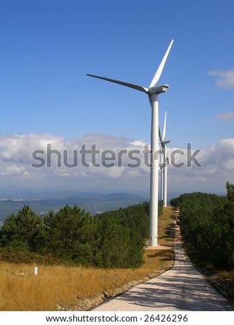 Giant wind turbines viewed from below