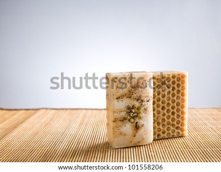 Hand crafted organic soap, chamomile, honey and milk based with copy space.